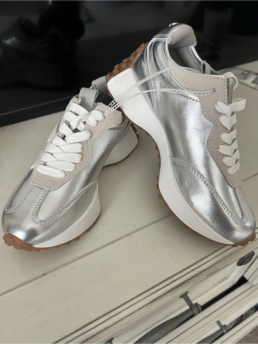 Steve Madden Metallic Silver & Cream Platform Sneakers with Gum Tread - Picture 7 of 12